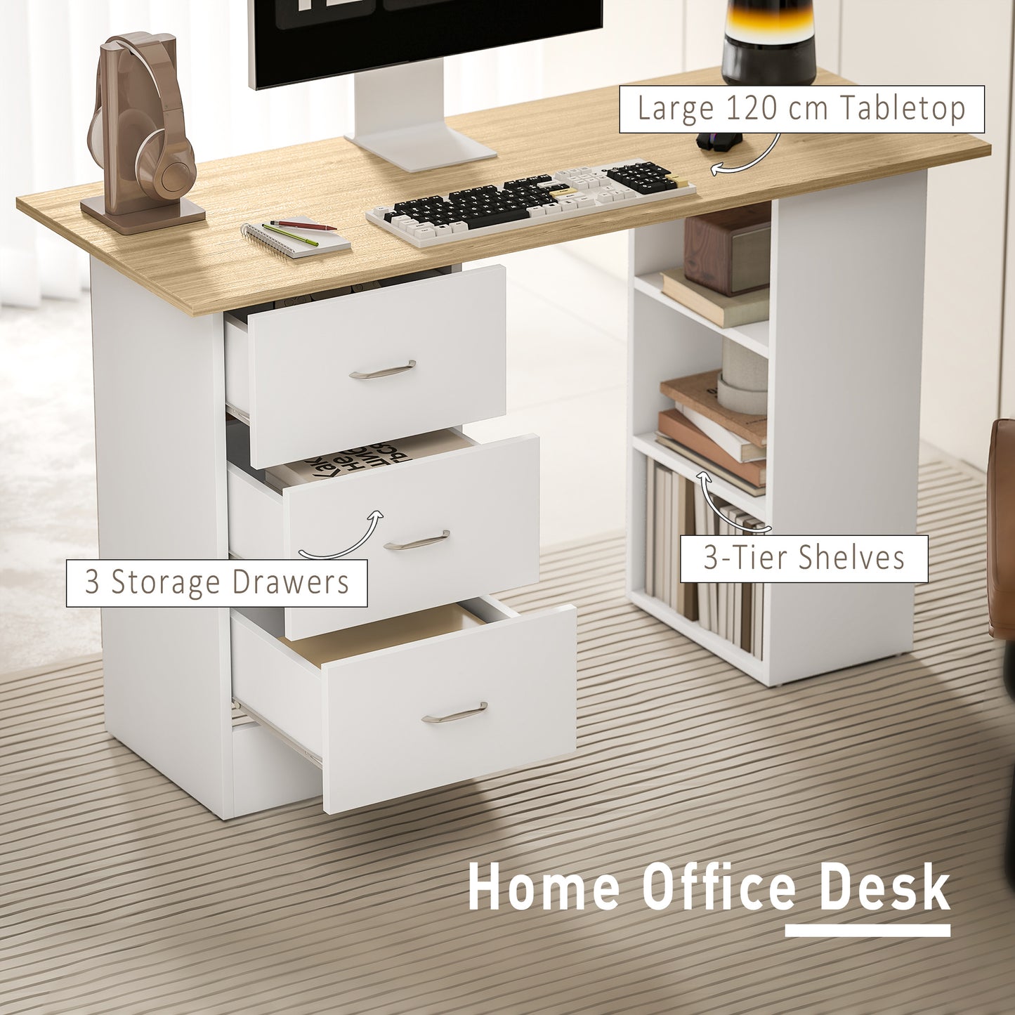 Vasave 120cm Wooden Natural And White Study Desk With 3 Side Shelves And 3 Drawers