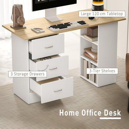 Vasave 120cm Wooden Natural And White Study Desk With 3 Side Shelves And 3 Drawers