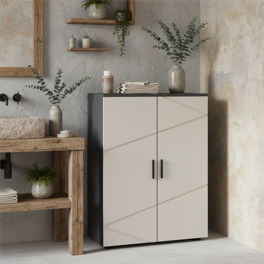 Lususa Sasu Compact Grey Bathroom Storage Cabinet With 2 Doors Adjustable Shelves And Soft Close Design