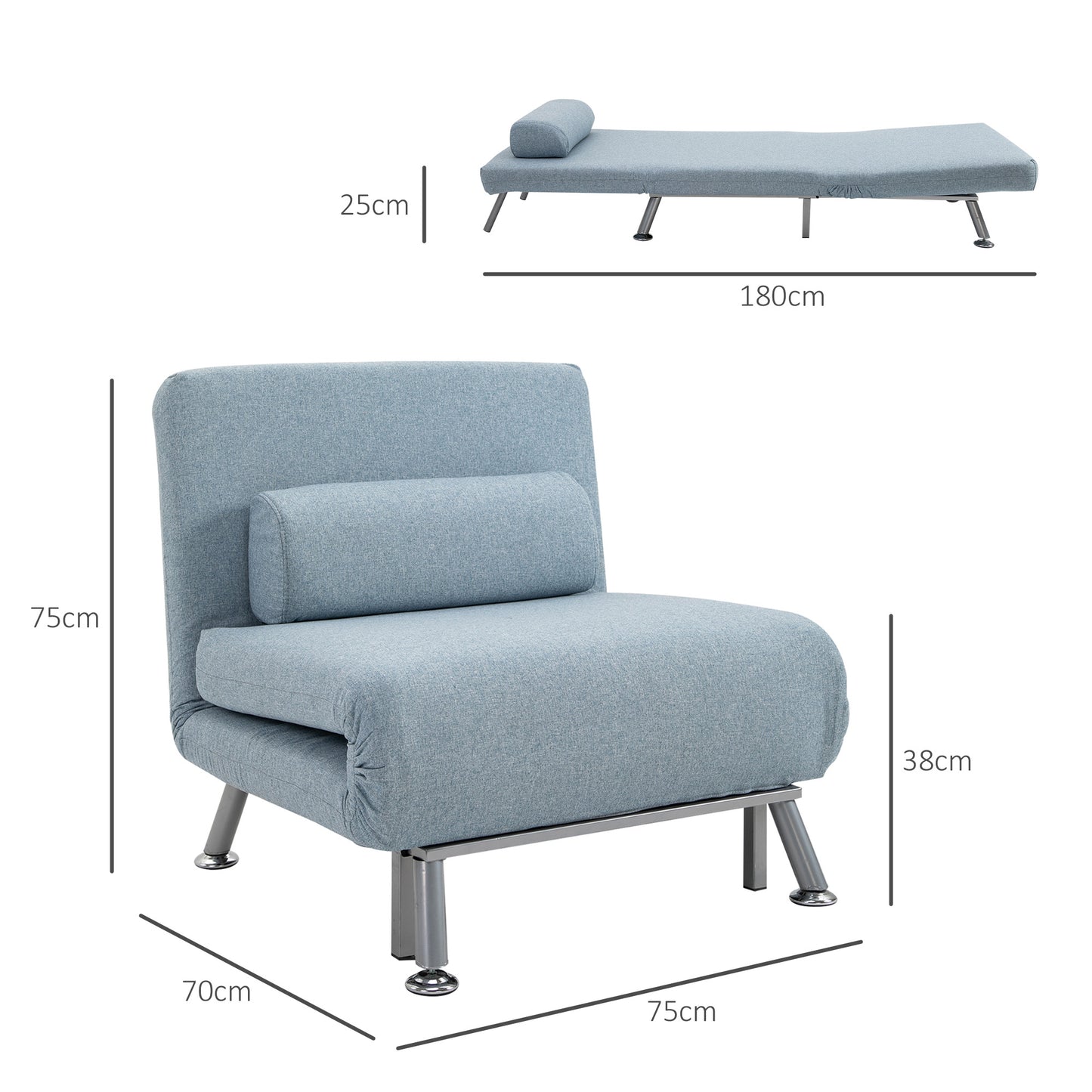 Varael Linen Sky Blue 3 In One Convertible Chair Bed With Adjustable Backrest And Pillow