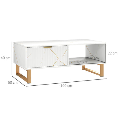 Lima Wooden White Marble Effect and Gold Coffee Table With 2 Storage Drawers