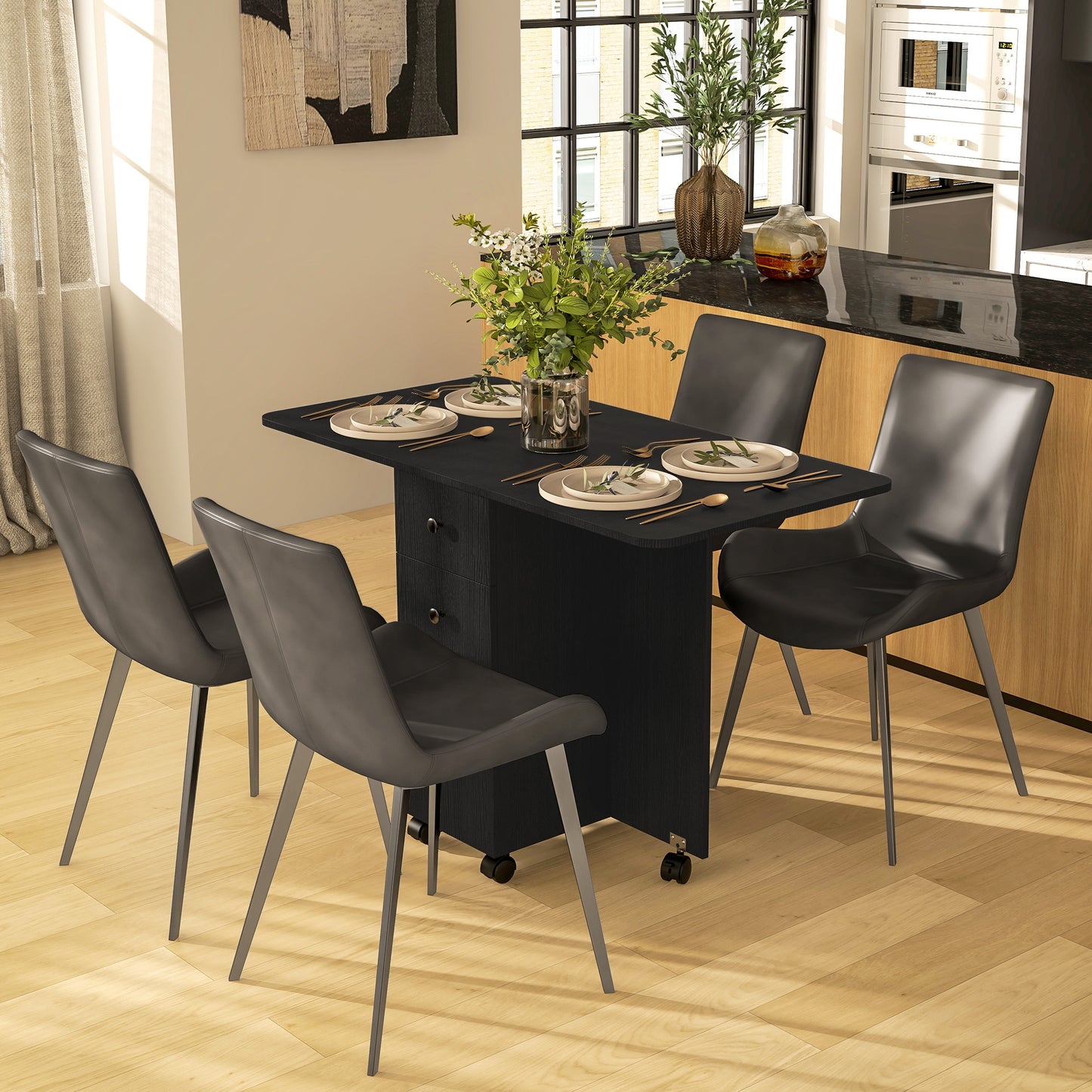 Midile Wooden Distressed Black Drop Leaf Dining Table With Storage Seating 6