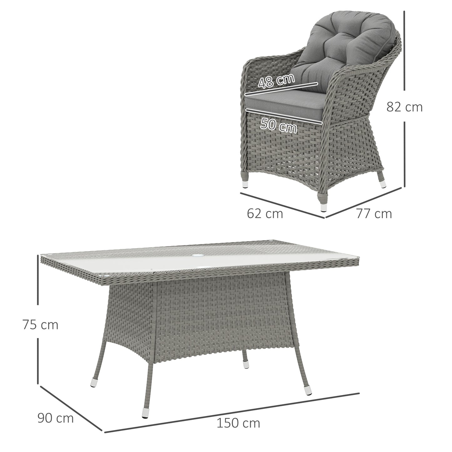 Bami  Light Grey Rattan 6 Seater Outdoor Dining Furniture Set with Glass Rectangular Table