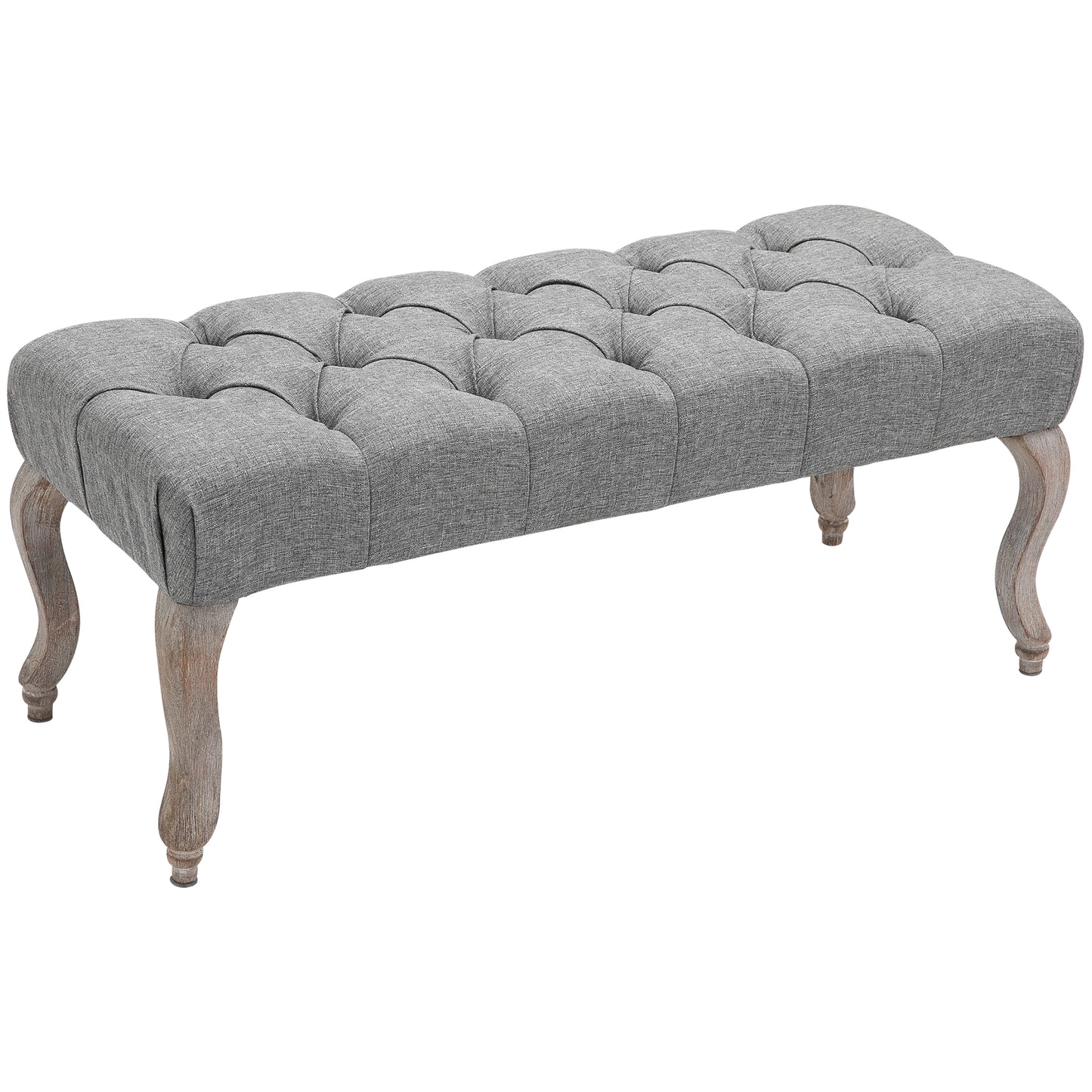 Kene Grey Upholstered Tufted Accent Bench White Washed Wooden Legs