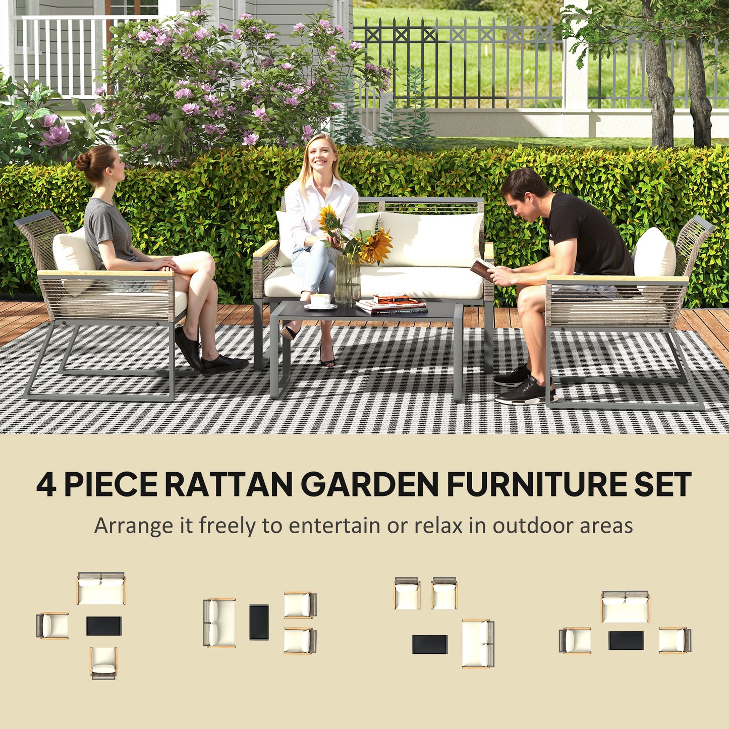 Rimodo Rope Wicker Grey 4 Seater Outdoor Garden Furniture Set With Glass Coffee Table