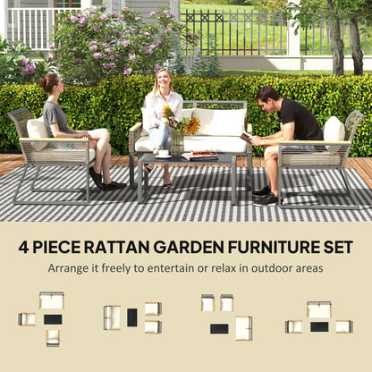Rimodo Rope Wicker Grey 4 Seater Outdoor Garden Furniture Set With Glass Coffee Table