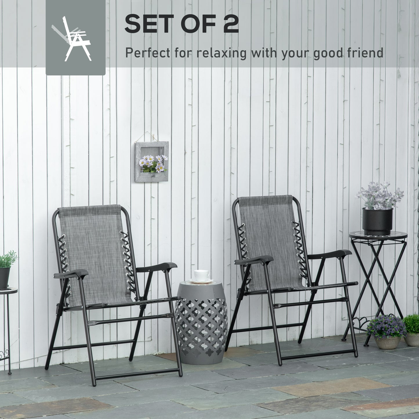 Losota Kefi Metal Grey Set Of 2 Foldable Outdoor Lounger Chairs With Armrests