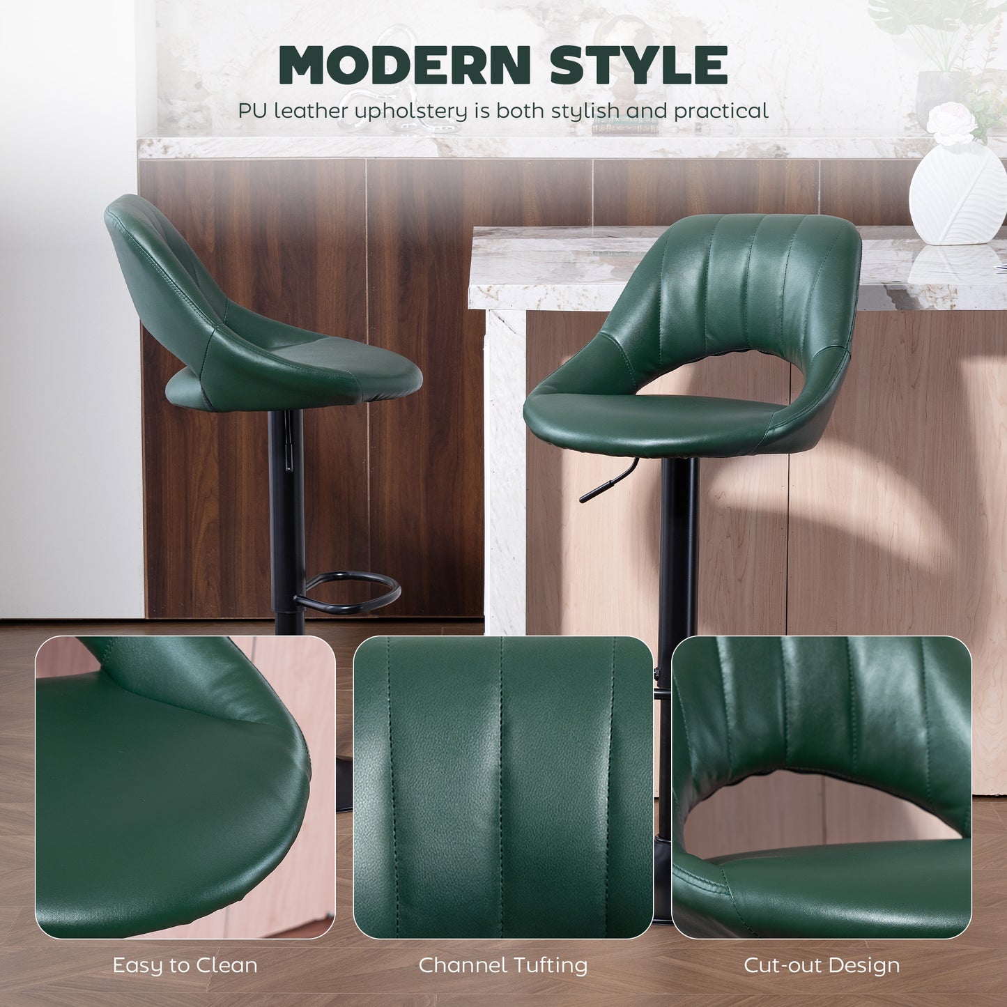Nimba Set Of 2 Dark Green Faux Leather Counter H8 Bar Stools