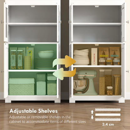 Doke Wooden White 4 Door Kitchen Cupboard With Glass Panels And Adjustable Shelves