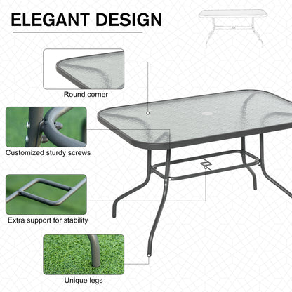 Lemone 120cm Metal Grey Rectangular Garden Dining Table With Glass Top And Parasol Hole