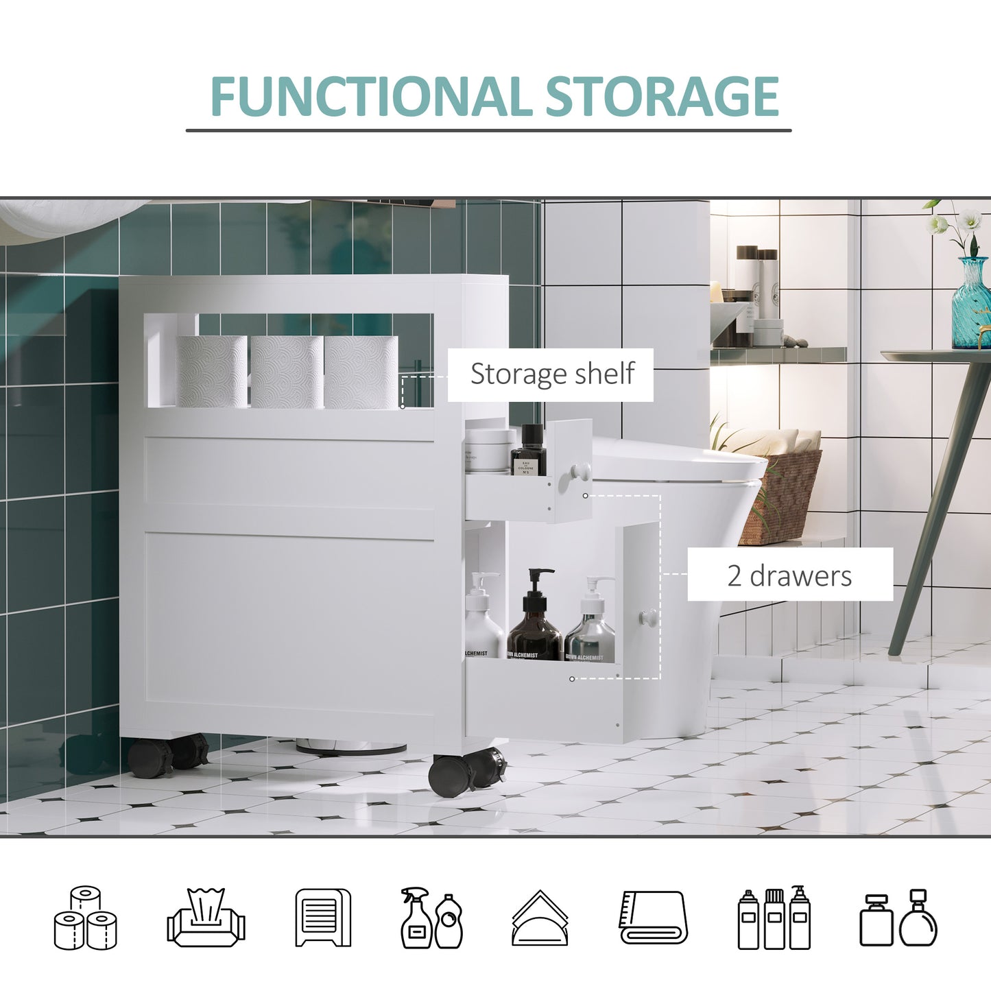Mine Balu Narrow Rolling Bathroom Storage Unit With 2 Drawers And Wheels