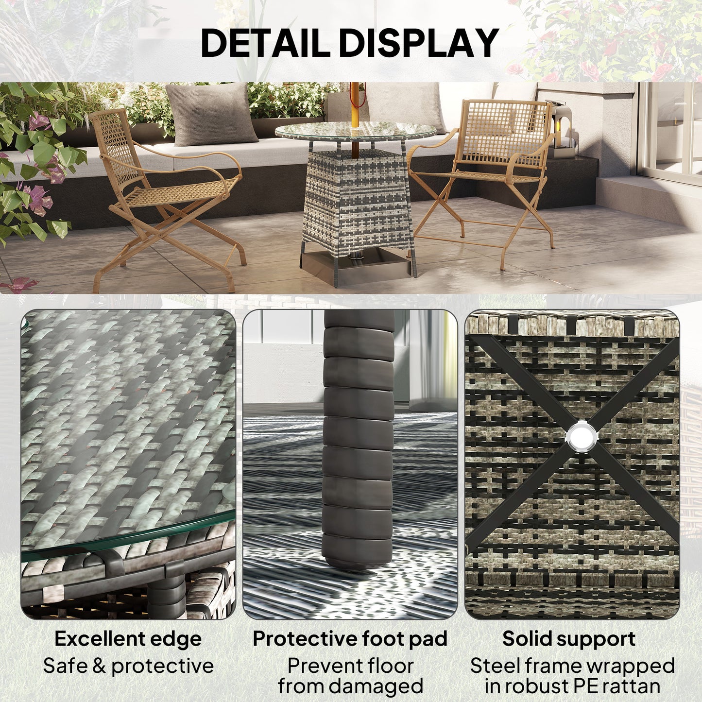 Viveke Rattan Grey Outdoor Coffee Table With Tempered Glass Top And Parasol Hole