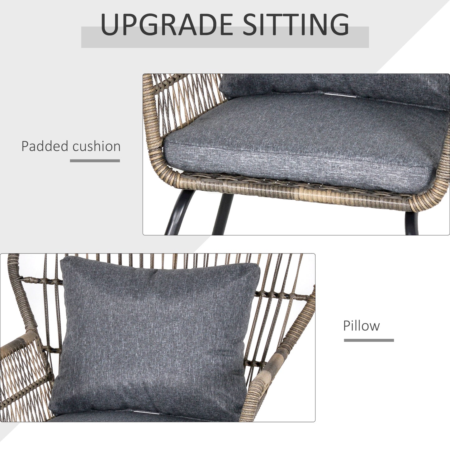 Lozifa Natural Rope 3 Piece Garden Bistro Set With Grey Cushions And Glass Coffee Table