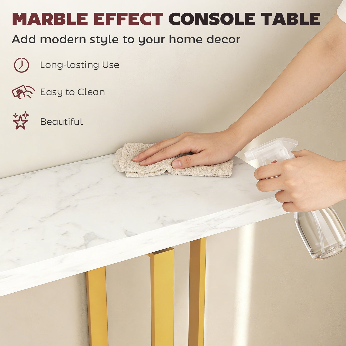 Larose Metal And Faux Marble White Narrow Console Table With Anti Tip Steel Frame 100 cm