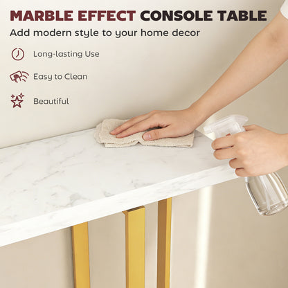 Larose Metal And Faux Marble White Narrow Console Table With Anti Tip Steel Frame 100 cm