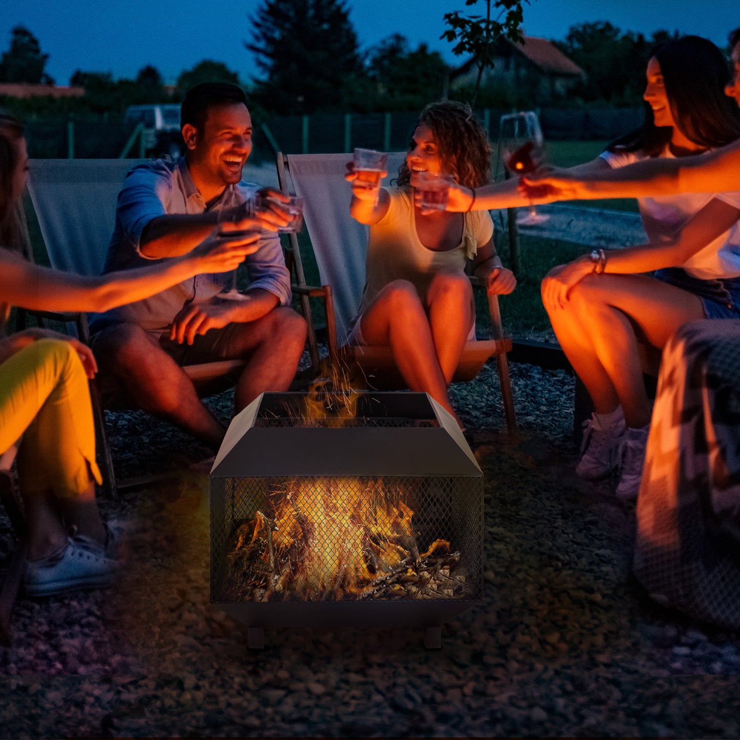 Dita Steel Black Square Outdoor Mesh Fire Pit With Lid Log Grate