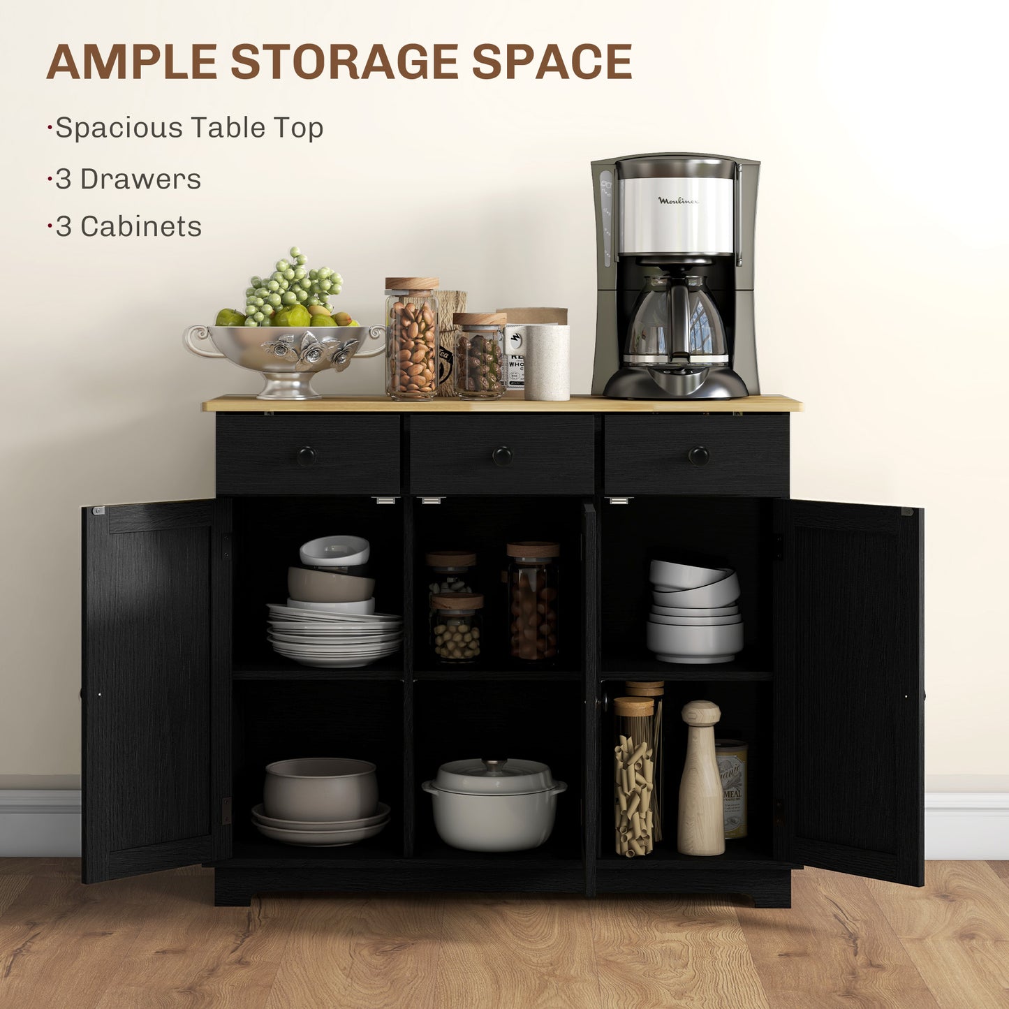 Tohave Black Wood Sideboard Natural Top 3 Doors 3 Drawers 3 Shelves
