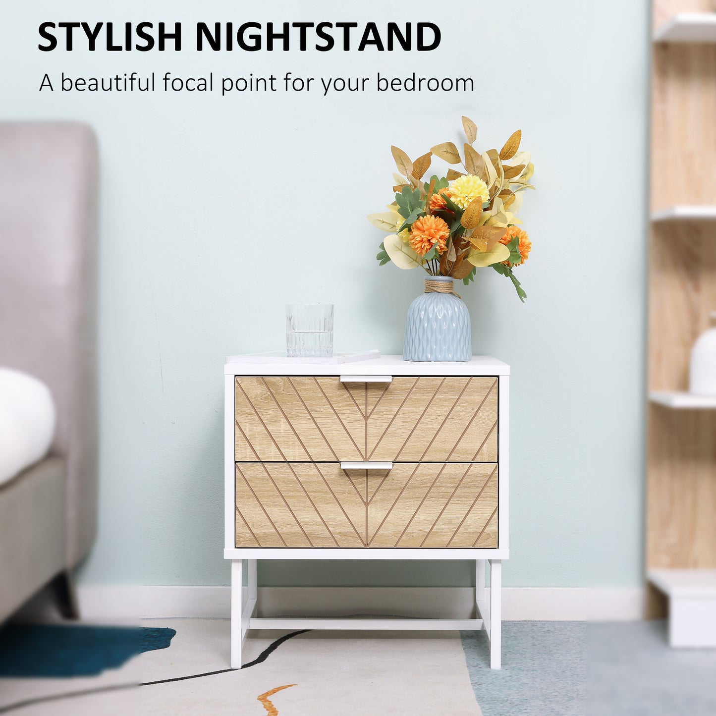 Filu Reno Set Of 2 Wooden White And Natural Chevron Bedside Tables With 2 Drawers