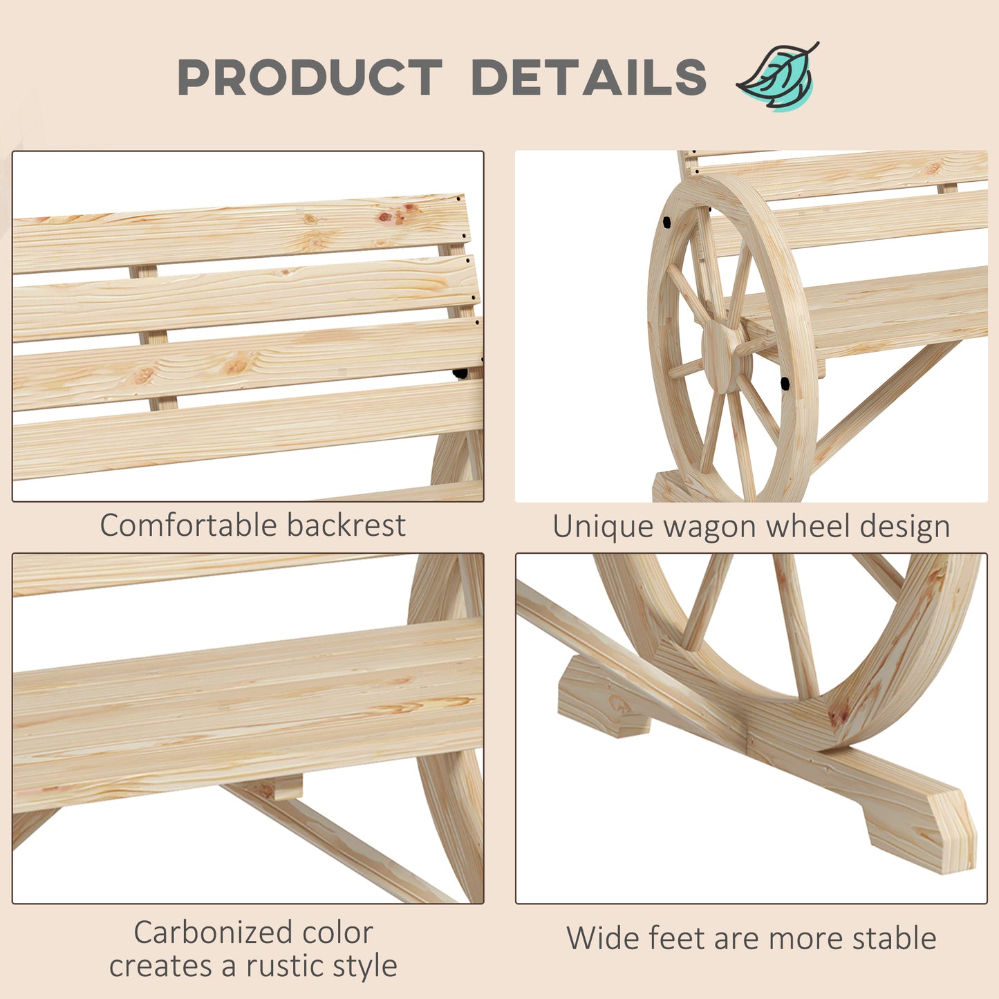 Hata Zilu Wood Natural Rustic Wagon Wheel Style Garden Bench With Armrests