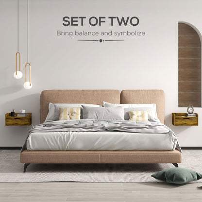 Mita Tova Rustic Brown Set Of 2 Wall Mounted Floating Bedside Tables With Drawer Storage