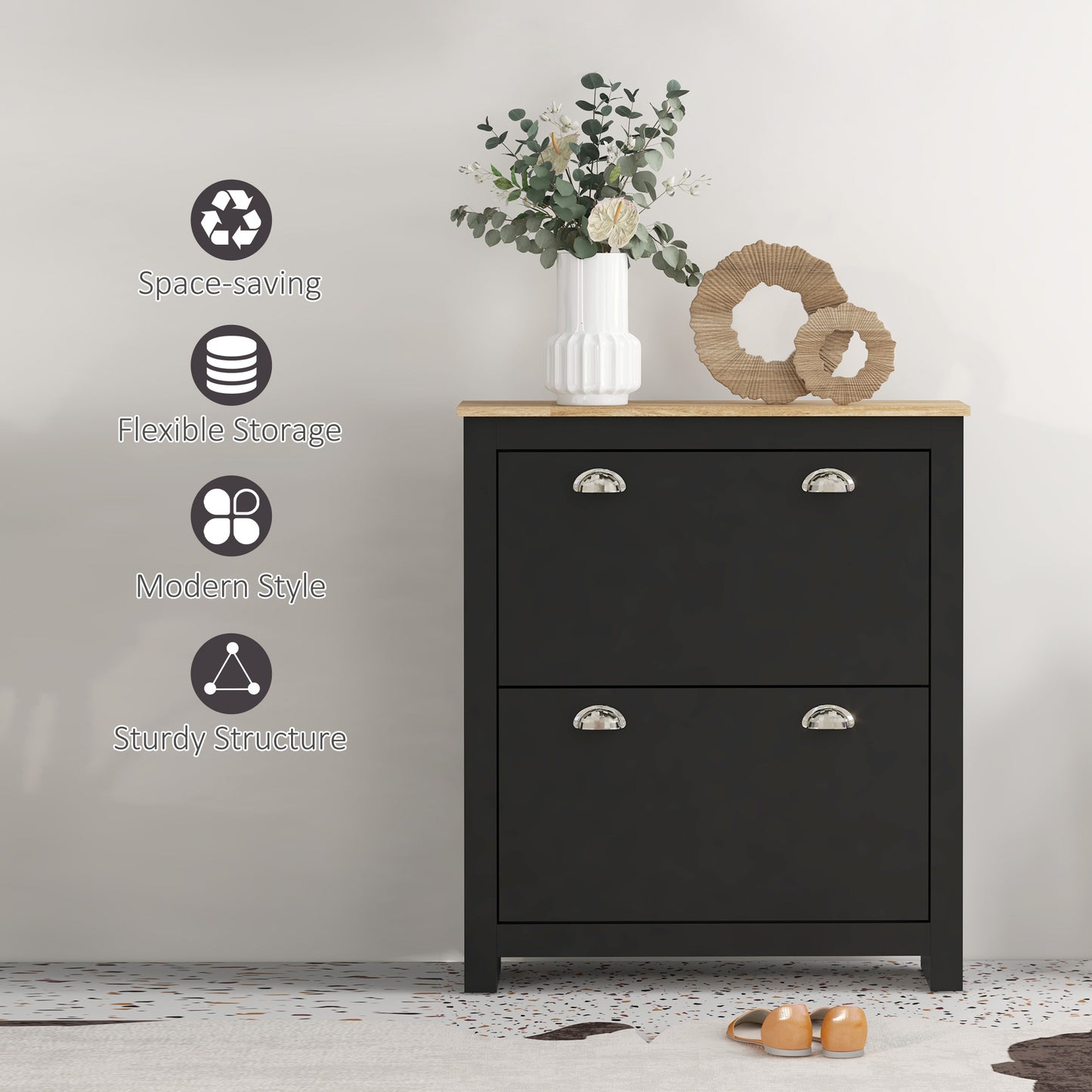 Resuka Wooden Black Slim Shoe Cabinet With 2 Flip Drawers For 6 To 12 Pairs