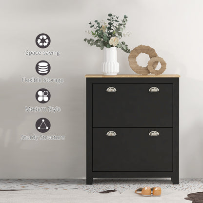 Resuka Wooden Black Slim Shoe Cabinet With 2 Flip Drawers For 6 To 12 Pairs