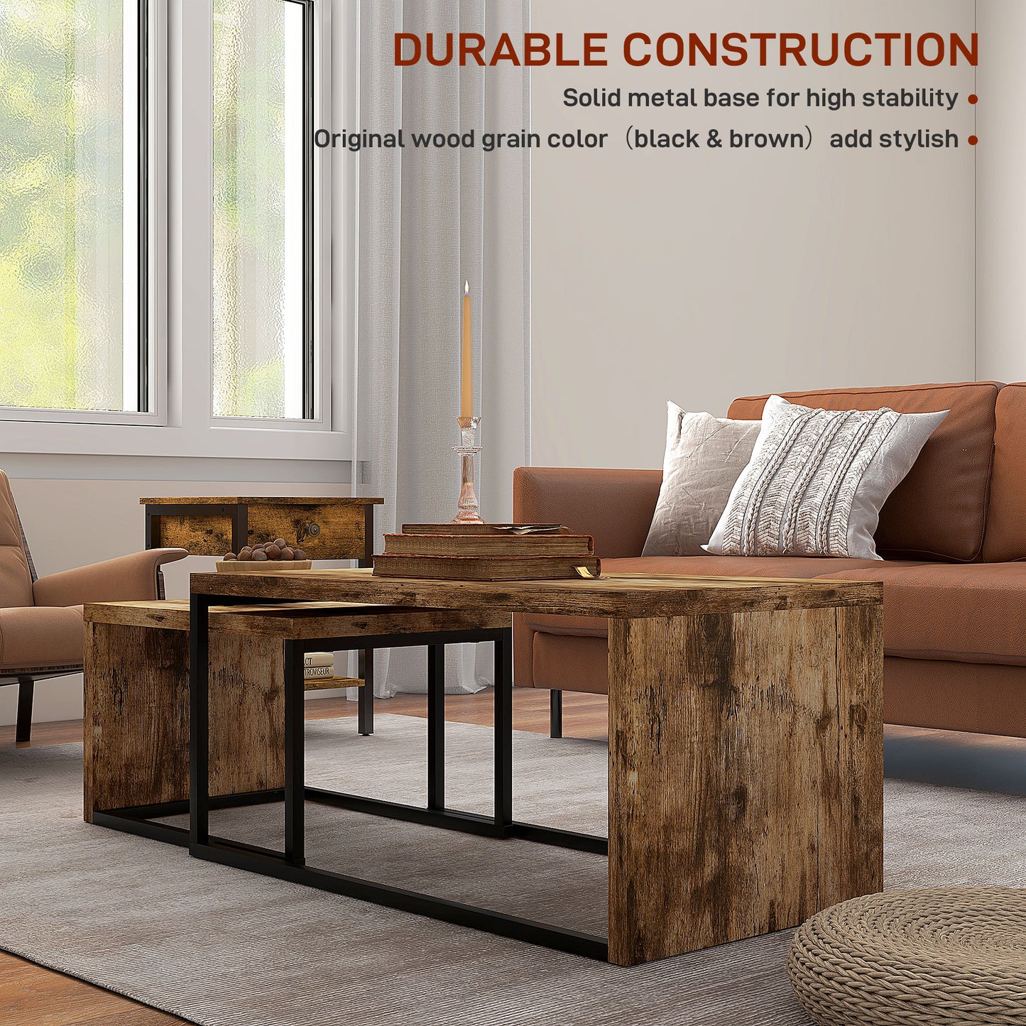Lirare Set Of 2 Industrial Nesting Side Tables Metal And Wood Rustic Brown