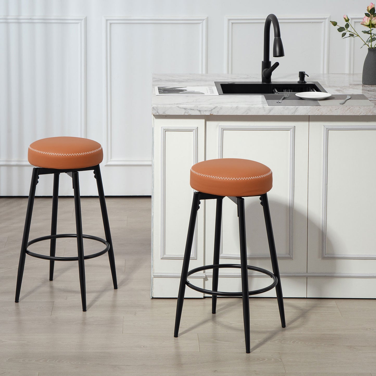 Mativa Faux Leather Brown And Black Bar Stools Set Of 2 With Footrests