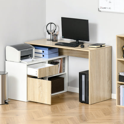 Kavi 120cm Wooden Oak And White L Shaped Desk With Drawer Shelving And Storage Cabinetm
