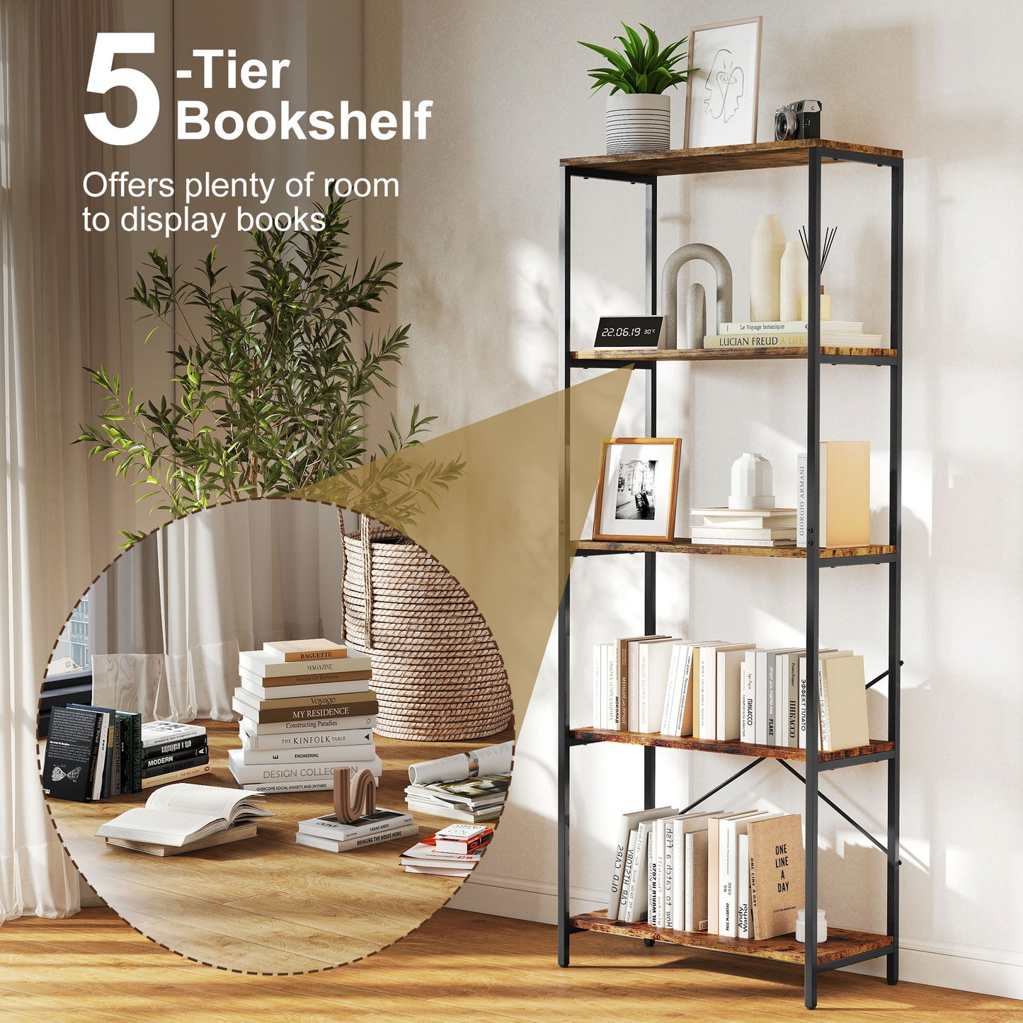 Ravitti Metal And Wood Rustic Brown And Black 5 Tier Industrial Bookcase