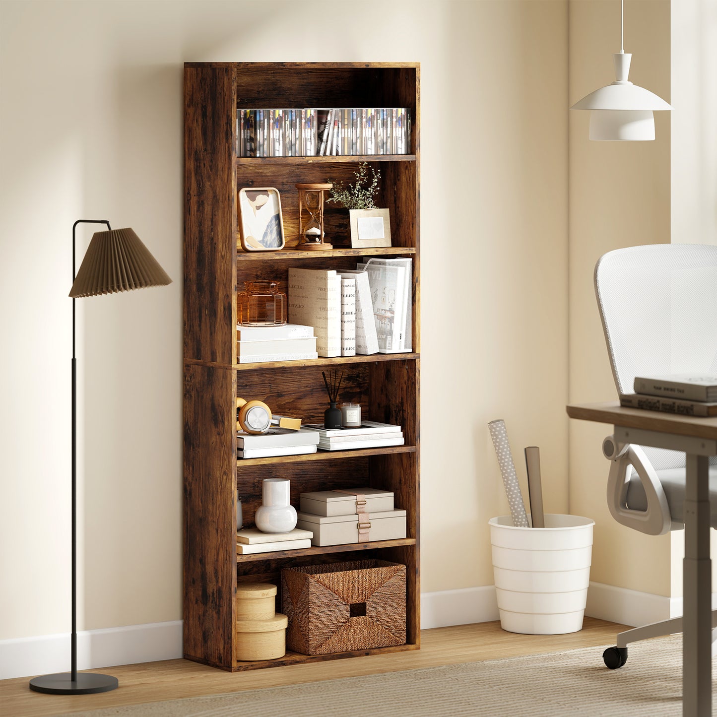 Loama Wooden Rustic Brown 6 Tier Storage Bookcase