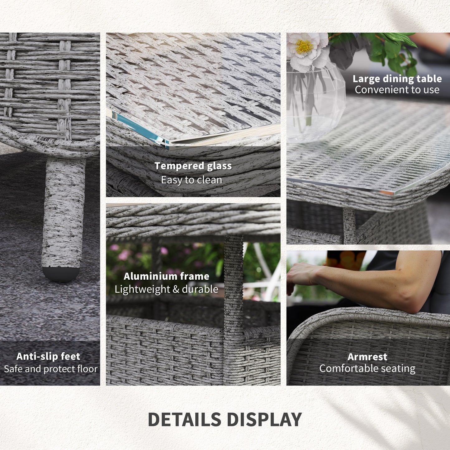Fano Faux Rattan Grey 4 Seater Outdoor Dining Sofa Set With High Back Chairs And Glass Table