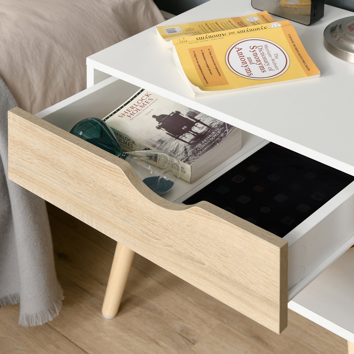 Basuve White Modern Bedside Table With Natural Wood Drawer And Shelf