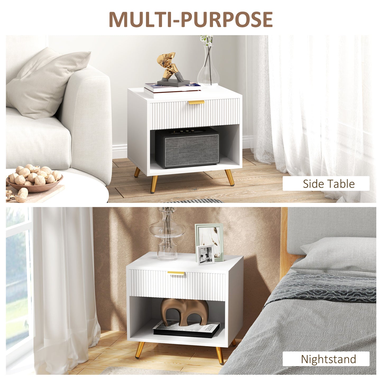 Sedora Vela White And Gold Tone Elegant Bedside Table With Ribbed Drawer And Shelf