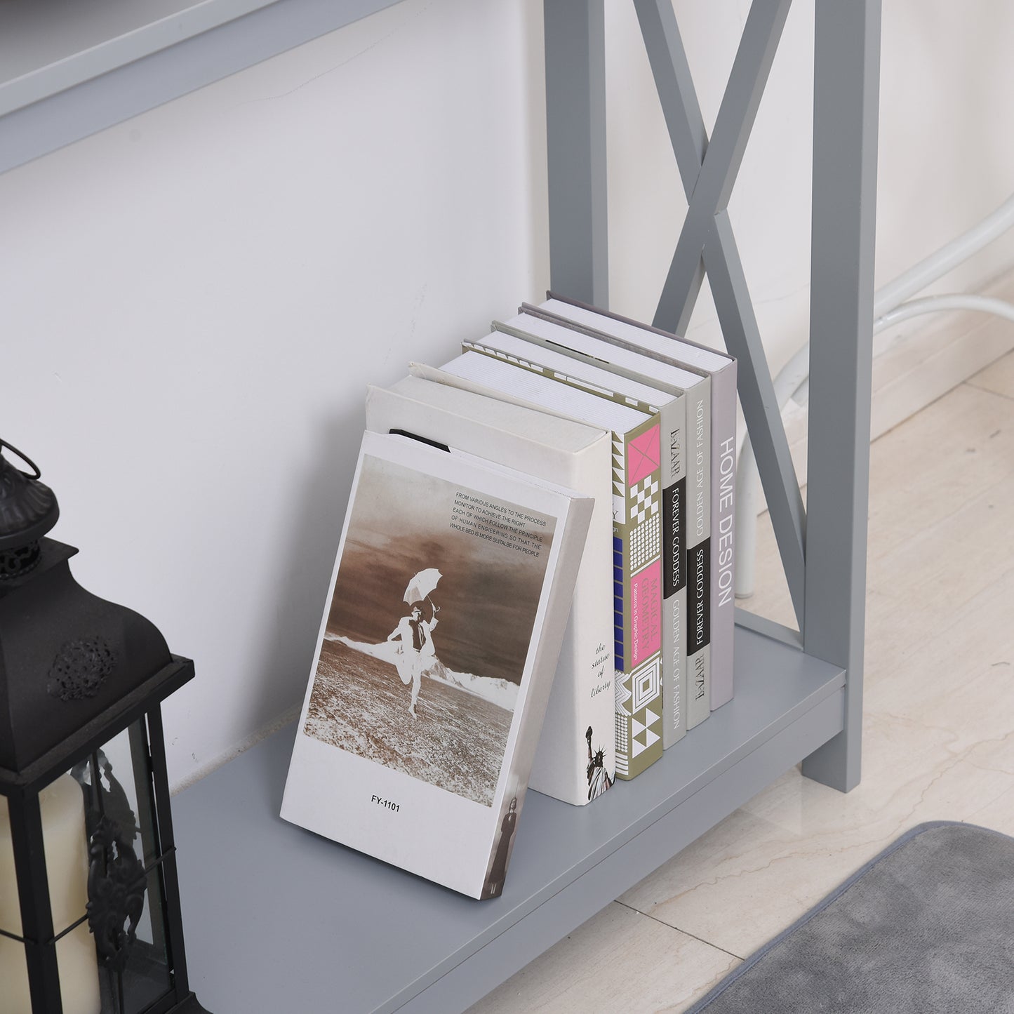 Reluba Wooden Grey X Frame Console Table With Bottom Shelf For Hallway
