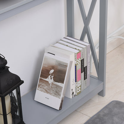 Reluba Wooden Grey X Frame Console Table With Bottom Shelf For Hallway