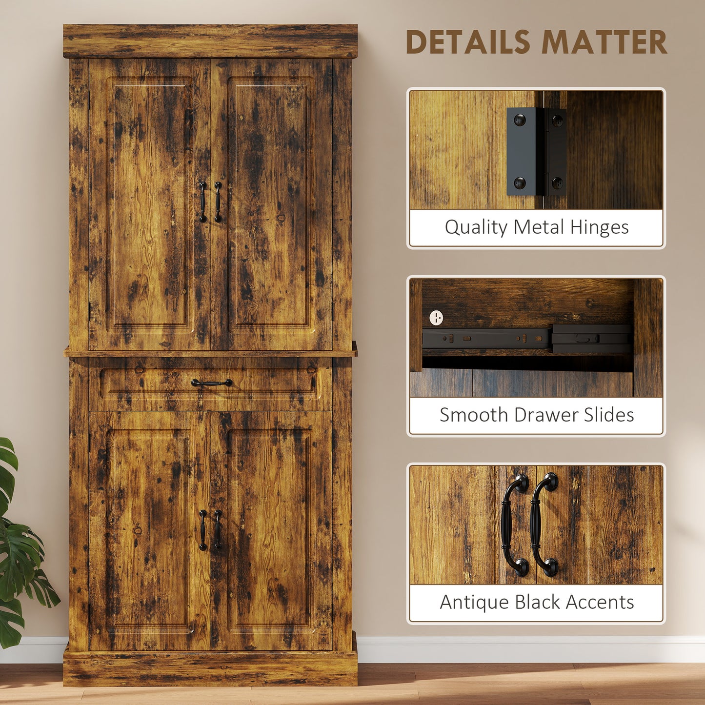 Zirolu 180cm Wooden Brown Tall Kitchen Pantry Cabinet with Drawer And Storage Shelves