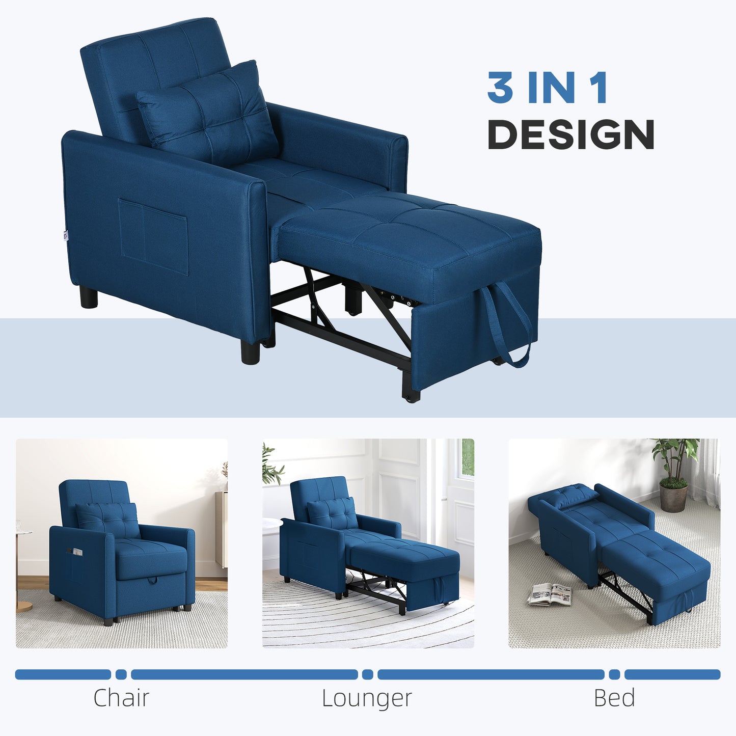 Haso Linen Look Dark Blue Single Sleeper Chair