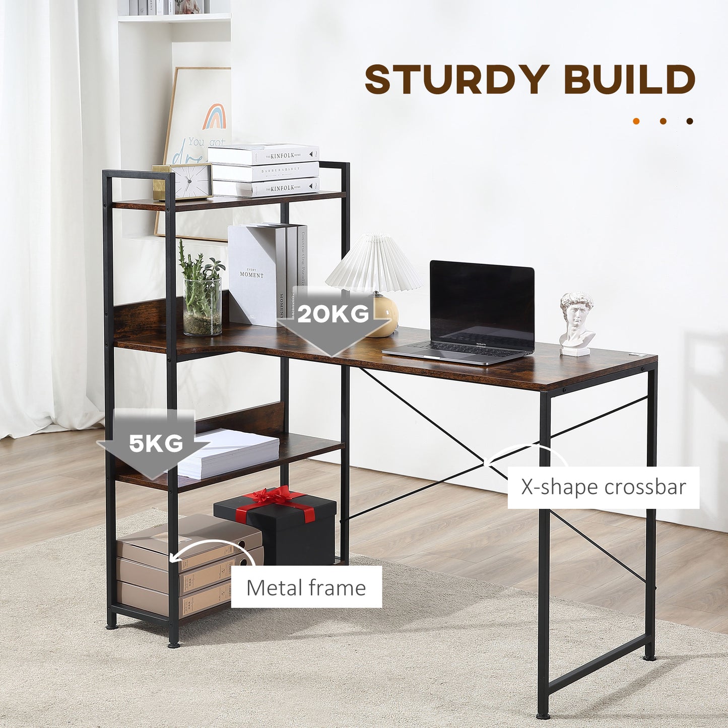 Ranasa 120cm Metal And Wooden Rustic Brown Industrial Desk With Storage Shelves