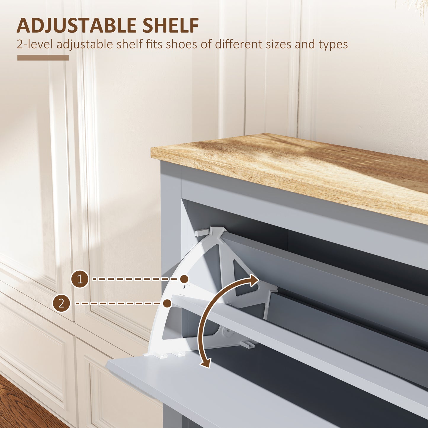Kamcha Grey and Natural Wood Narrow Shoe Cabinet With 2 Flip Drawers For 6 To 12 Pairs