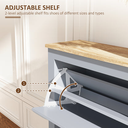 Kamcha Grey and Natural Wood Narrow Shoe Cabinet With 2 Flip Drawers For 6 To 12 Pairs