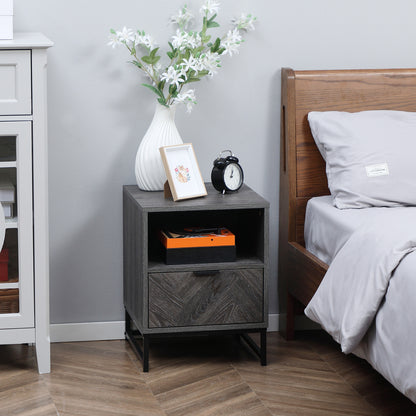 Fari Dark Grey Bedside Table With Drawer And Shelf Storage And Steel Legs