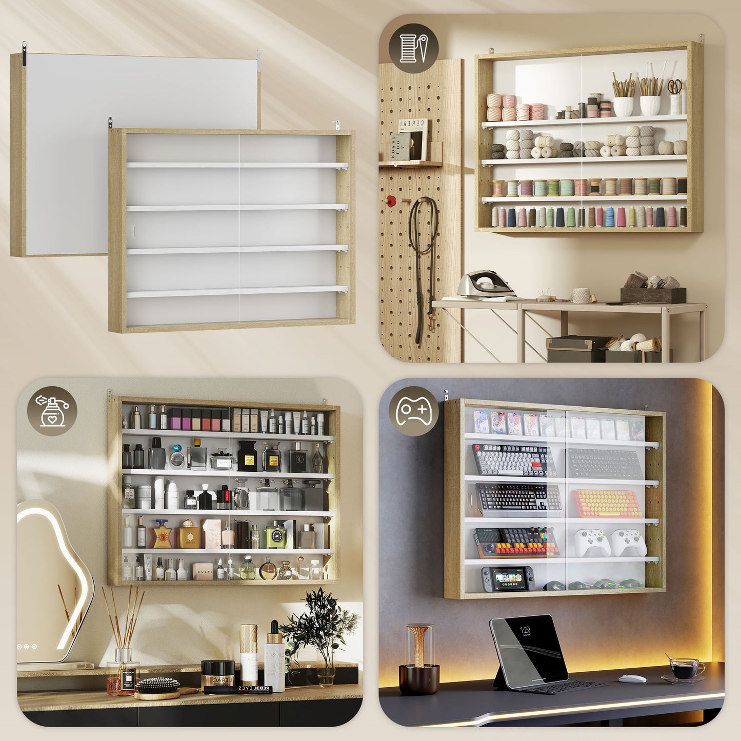 Nisa Vise Wood And Glass Natural Finish 5 Tier Wall Display Cabinet With Adjustable Shelves 60 x 80 cm