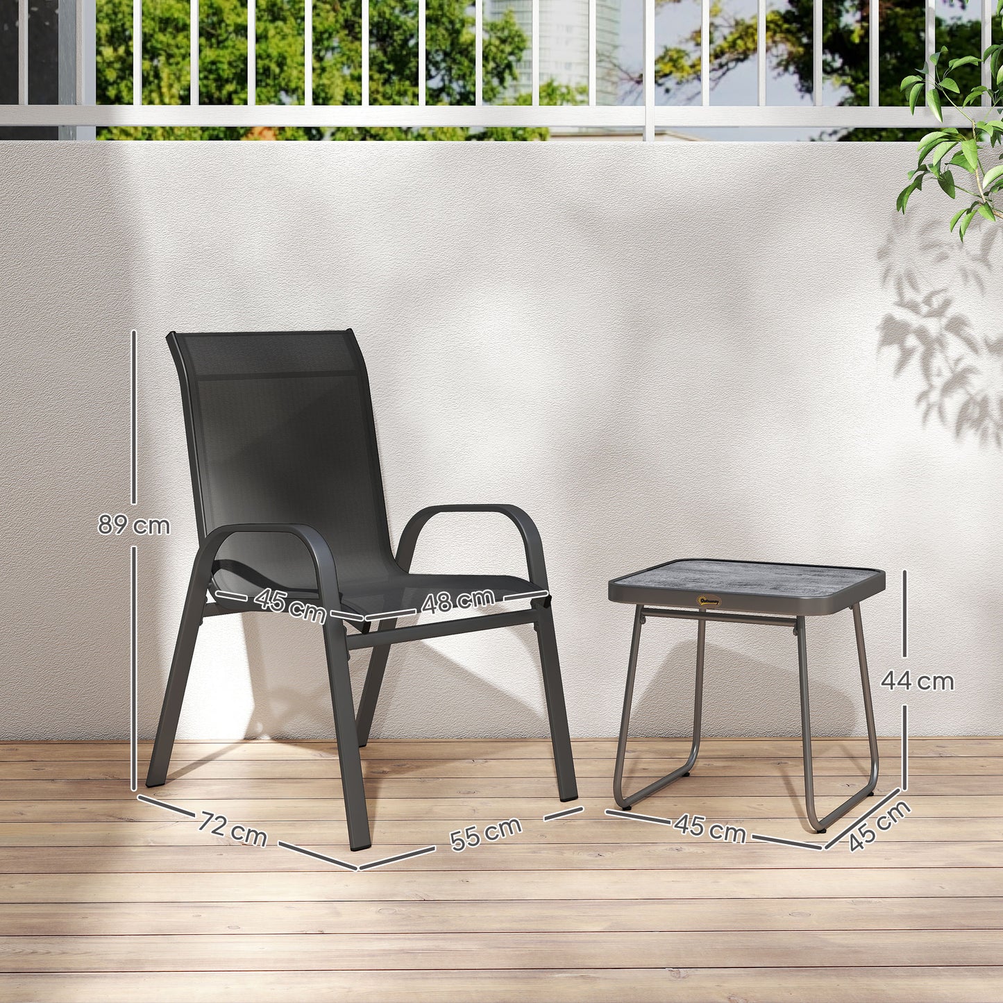 Zidoco 3 Piece Outdoor Mesh Bistro Set With Stackable Chairs And Coffee Table In Black