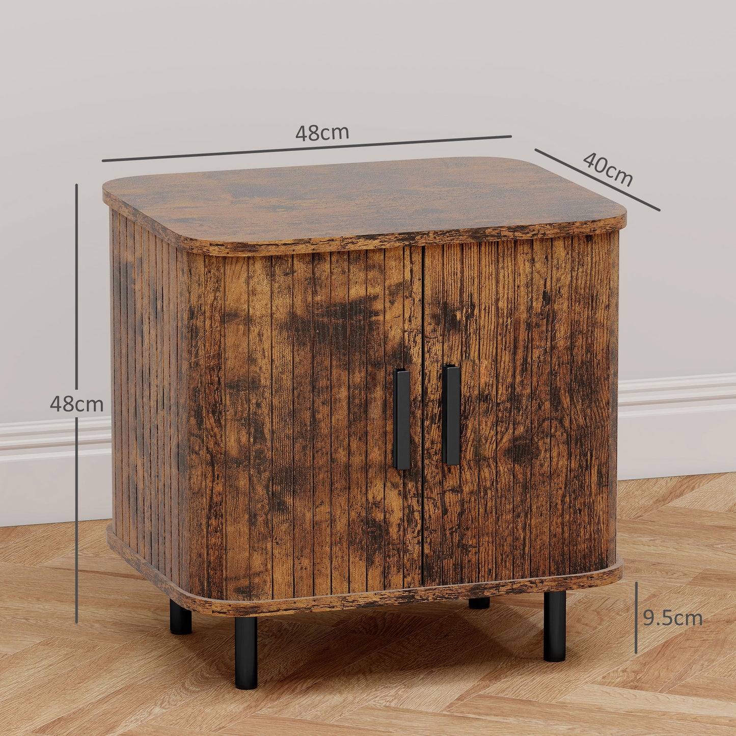 Pasaba Brown Nordic Bedside Table With Tambour Sliding Door And Metal Legs