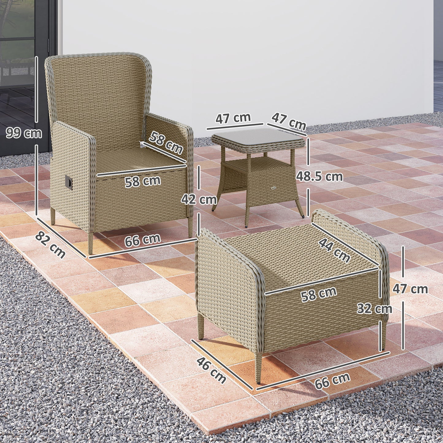 Nonomo Nofa Rattan Natural and White Reclining Outdoor Garden Bistro Set With Cushions