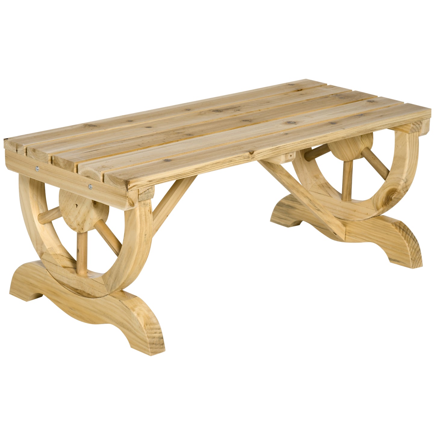 Bave Pana Wood Natural Rustic 2 Seater Garden Bench With Wagon Wheel Legs And Slatted Seat