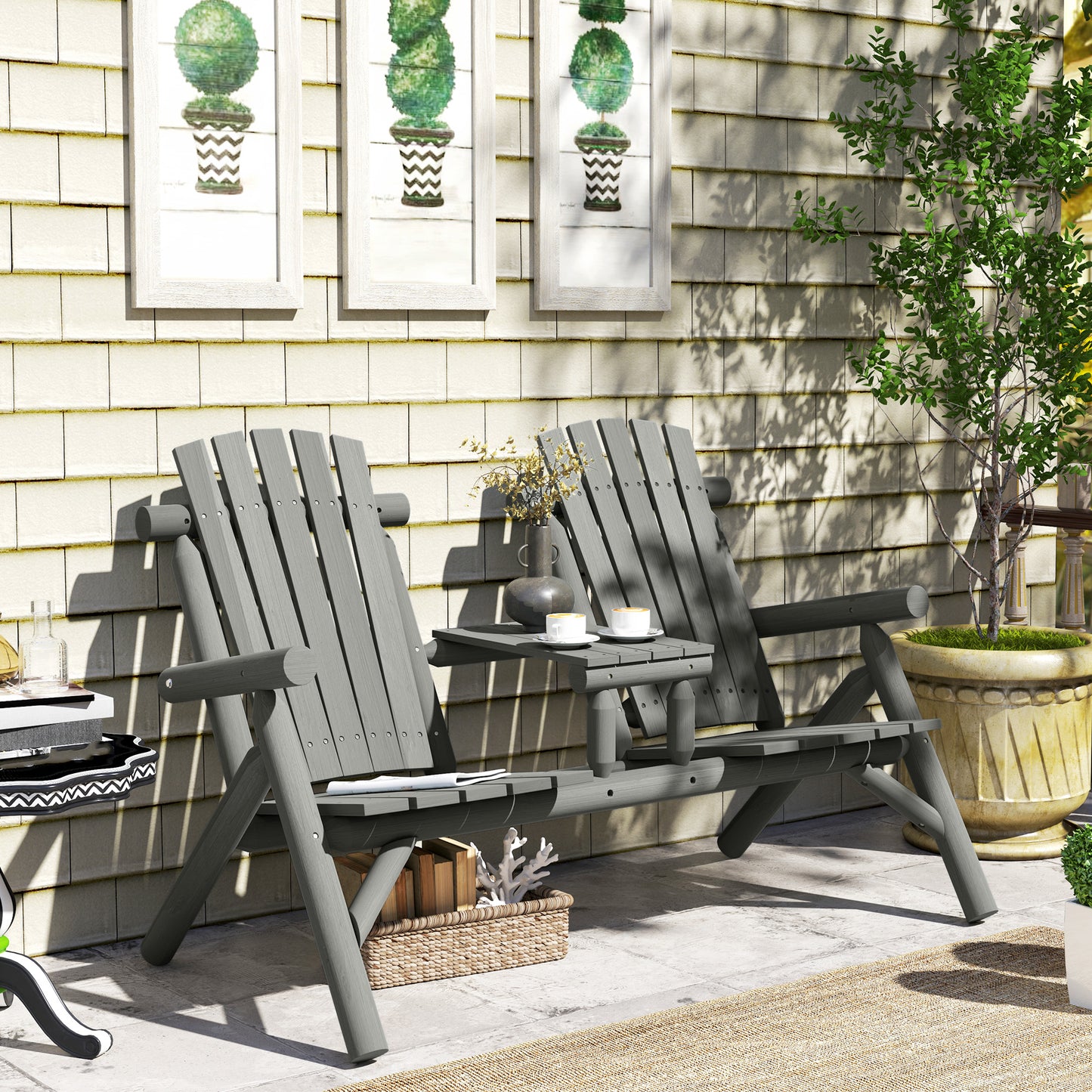 Nine Wood Grey 2 Seater Garden Bench With Central Coffee Table