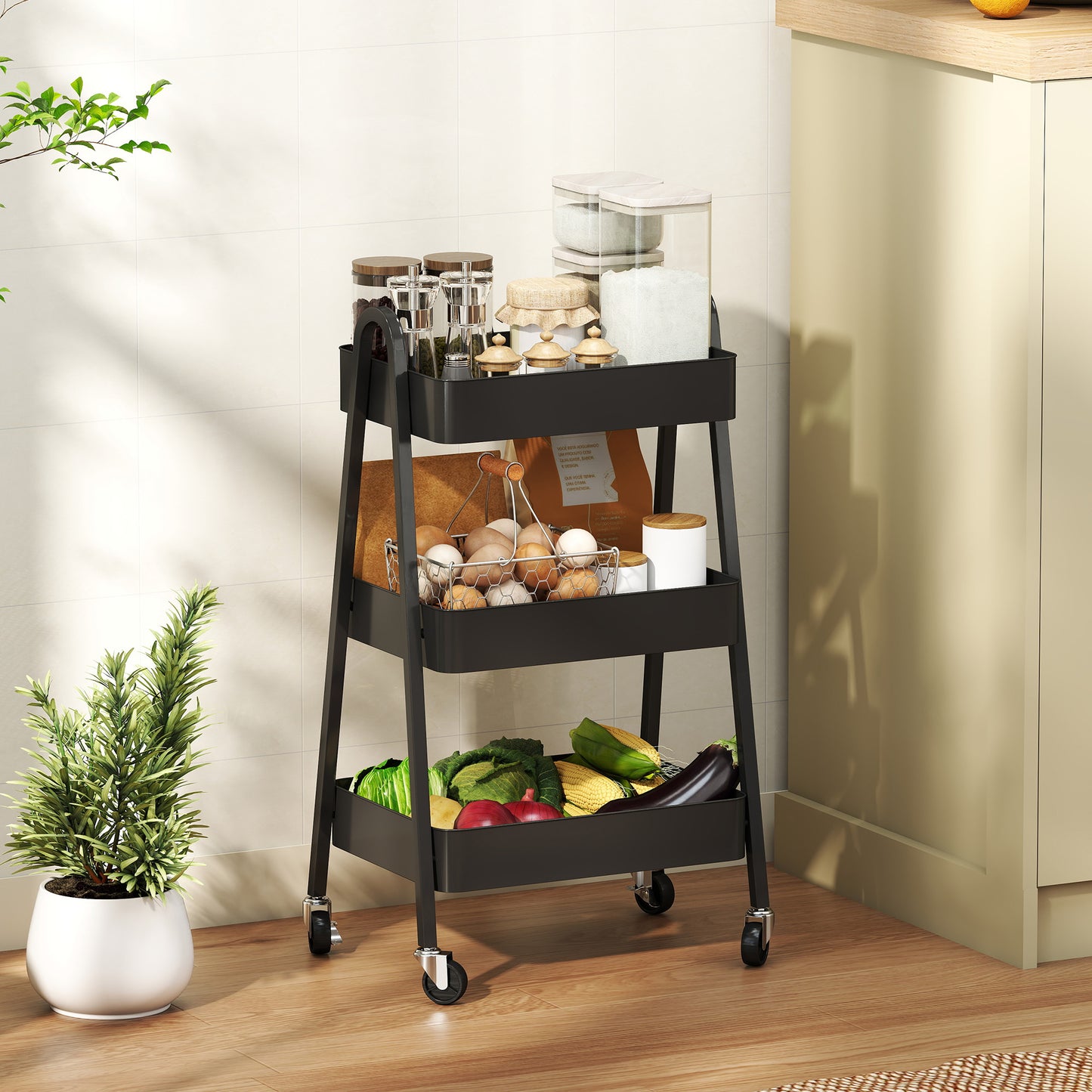 Fidovi Metal Black 3 Tier Storage Trolley With Wheels
