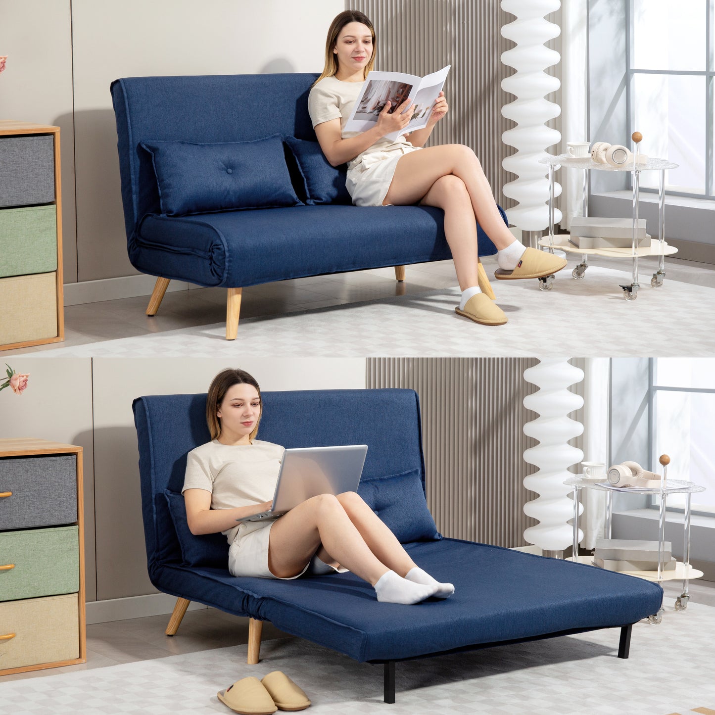 Roluzi Linen Look Dark Blue 2 Seater Sofa Bed